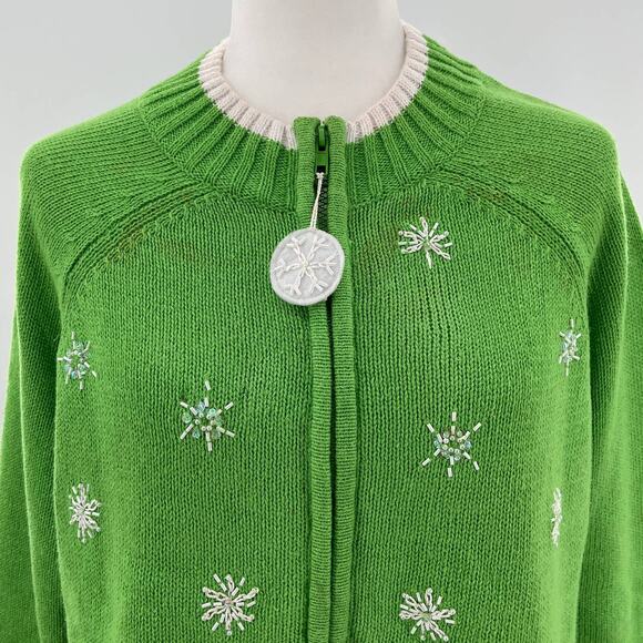 Tiara International Green Knit Christmas Embroidered Zip Cardigan Women Sz L - Picture 4 of 10